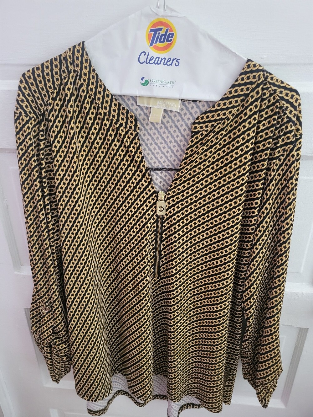 Michael Kors Black and Gold Chain-Print Zip-Neck Blouse